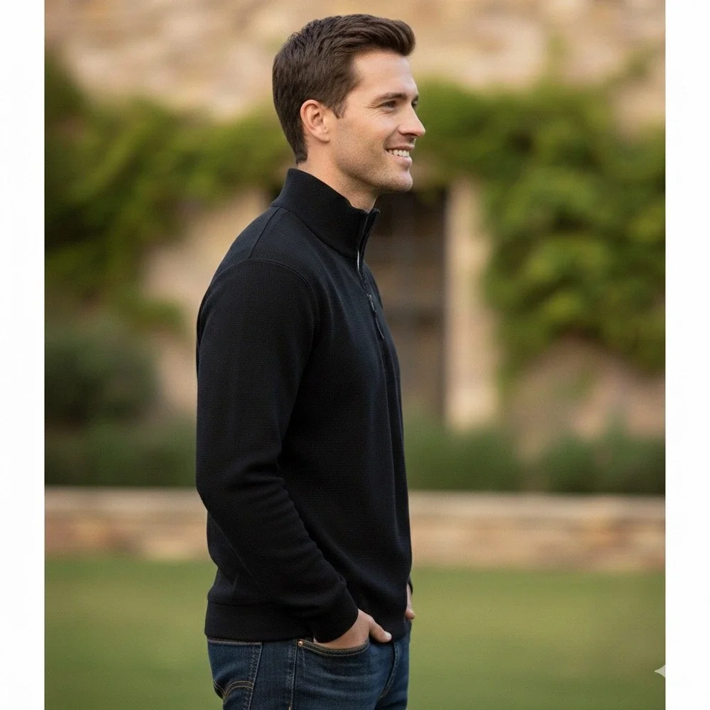 Vintage 90's Banana Republic 1/4 Zip Sweater Men Elbow patch Cotton Black Large‎